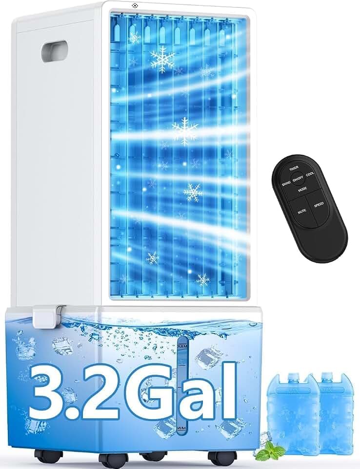 4-IN-1 Windowless Air Conditioner Portable w/3.2-Gal Tank for 30H Cooling, 4 Speeds &4 Modes, Waterless Alert System Swamp Cooler, LED Touch & Remote,12H Timer, Evaporative Air Cooler for Room
