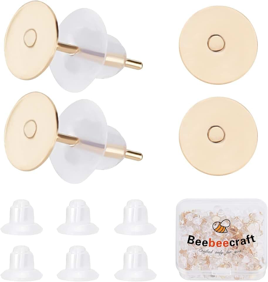 Beebeecraft 200 Stück/Box Cabochon Ohrringe Rohlinge 24 Karat Vergoldeter Edelstahl Blanker Ohrstecker Rohlinge Lünette Mit 200 Kunststoff Ohrmuttern Für Ohrstecker Schmuckherstellung (Tablett: 6 mm)
