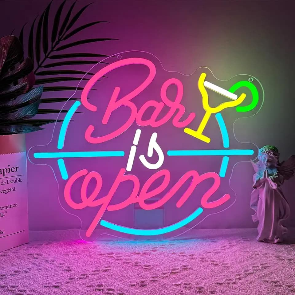 Bar is Open Neon Schild,Herzlich Willkommen LED Beleuchtet Wand Deko für Business Schlafzimmer Club Party Pub Shop,Buntes Cocktail Dimmbare Neon Sign Geschenk für Damen Männer USB Powered（13"*12,7"）