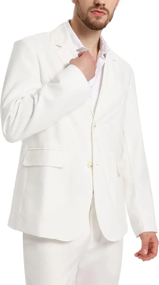 xxxiticat Mens White Linen Blazer Two Button Casual Lightweight Suit Jacket