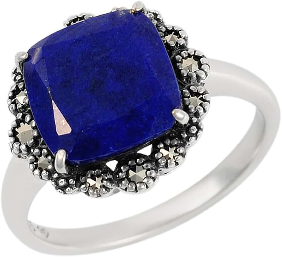 Esse Markasit-Ring aus Sterlingsilber, quadratisch, Kissenschliff, 3 Karat, Lapislazuli und Markasit