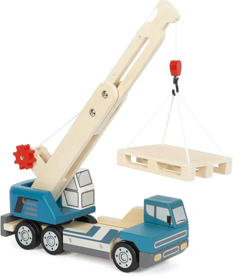 small Foot Kranwagen mit Palette aus Holz, Spielfahrzeug für Kinder, mit 360°-drehbarem Kran und Zubehör, ab 2 Jahren, 12639, Farbig