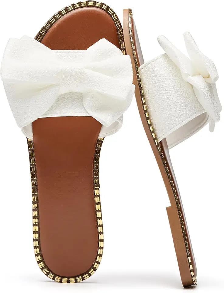 Women's Bow Slide Sandals - Elegant Flat Summer Shoes with Gold Studded Trim - Chic Slip-on Dressy Slides for Beach, Vacation, and Bridal Wear