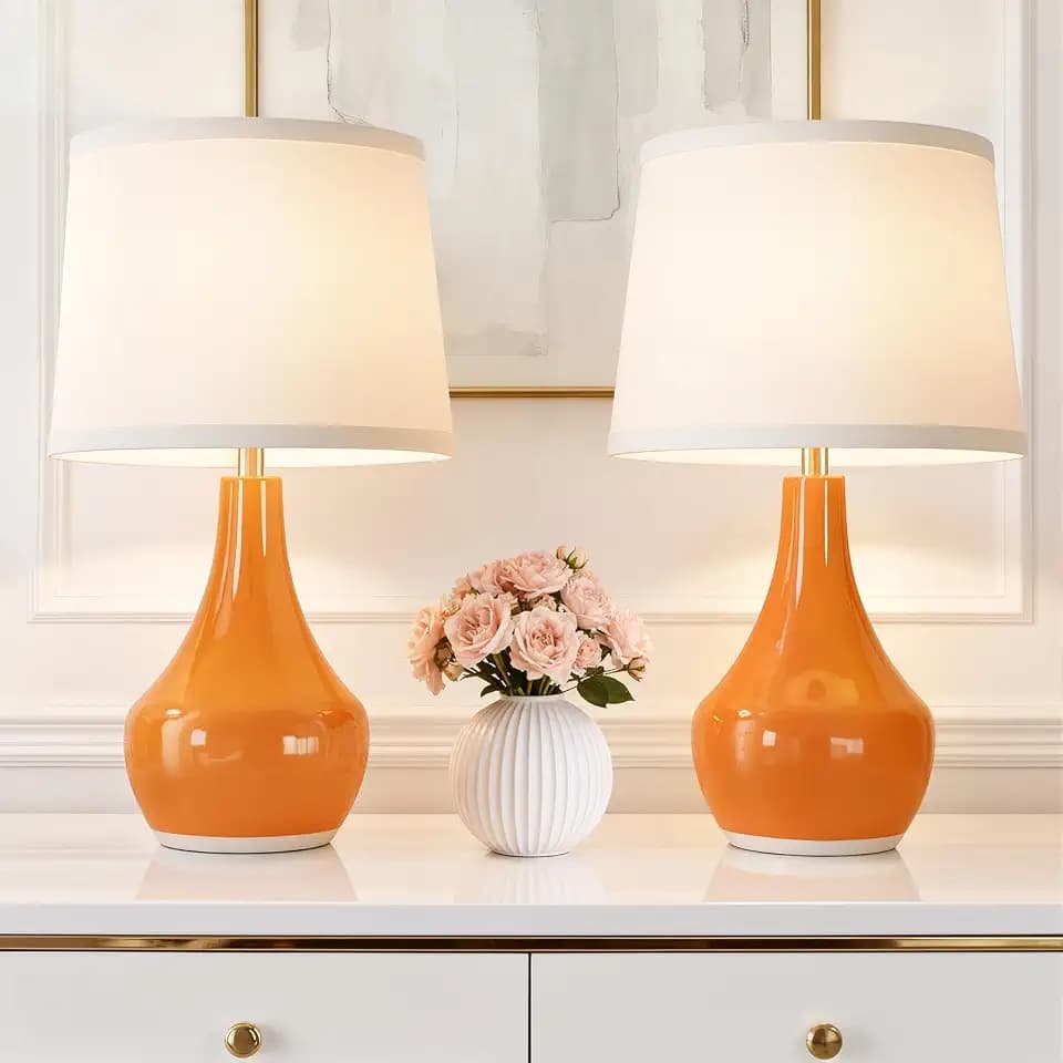 Seealle Modern Ceramic Table Lamps for Night Stands - Bedside Lamps Set of 2 for Nightstand,Orange Bedroom Lamp for Living Room Cute Desk End Table Office Guest Room Dresser Rocker Swtich