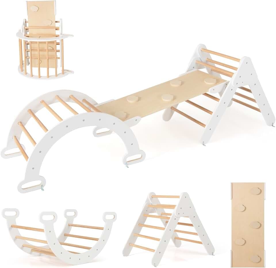 FANTASK 4 in 1 Klettergerüst mit rutsche, Kletterdreieck Holz inkl. doppelseitige Rampe & Kletterboge & Wippen, Sprossendreieck Spielplatz für Kinder ab 1 Jahr, Weiß