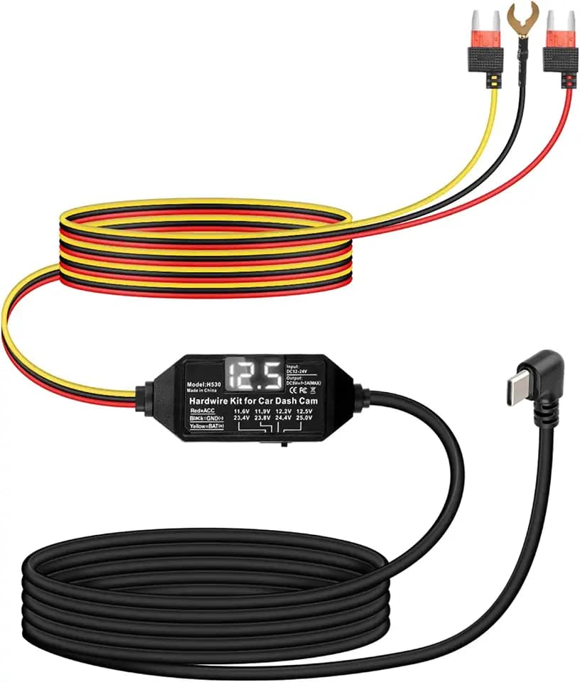 Dash Cam Hardwire Kit,12V-24V to 5V/3A USB C Dash Camera Hardwire Kit with Digital Display and Low Voltage Protection,24 Hours Surveillance and Acc Mode for Dash Camera(3.5M/11.4FT)