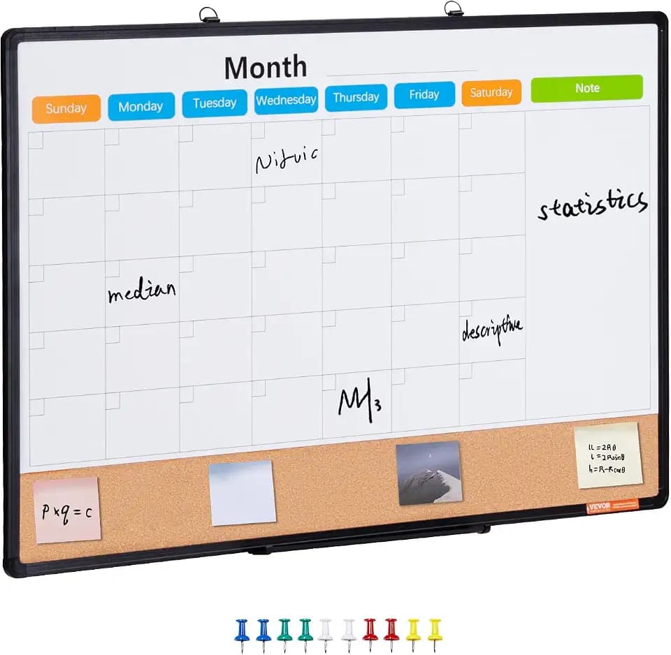 VEVOR Kombitafel Kork Pinnwand & Magnettafel 90 x 60 cm, 2 in 1 Memoboard Kombiboard, Pinnwand aus Aluminiumrahmen, magnetische, trocken abwischbare Pinnwand, ideal für Schule, Zuhause, Büro