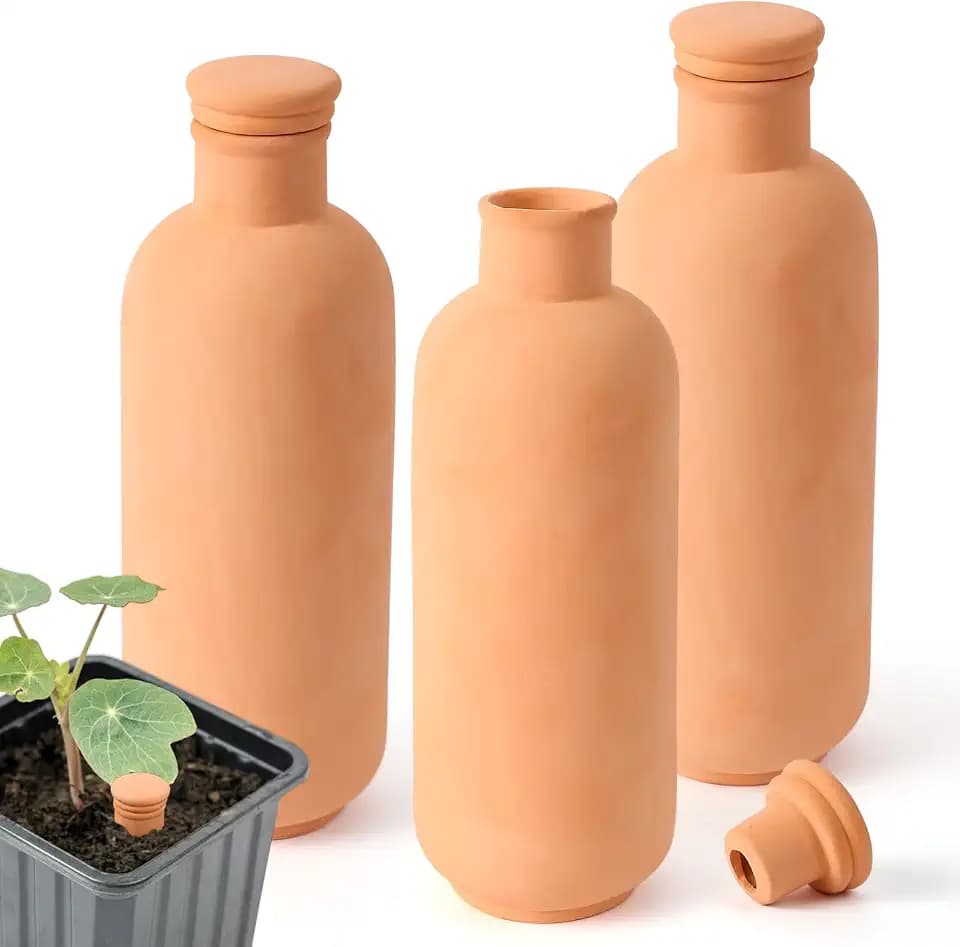 3pcs 10*3.5*3.5in Ollas Self Watering Planter Watering System 30.5oz Plant Watering Globes Clay Watering Pot with lid Terra Cotta Clay Irrigation Globes Insert Drip Irrigiation Olla System