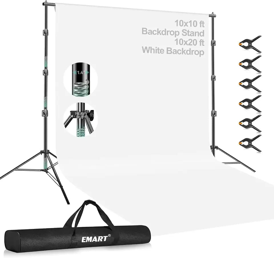 EMART Heavy Duty Photo Backdrop Stand Kit 10 x 10 FT with White Backdrop