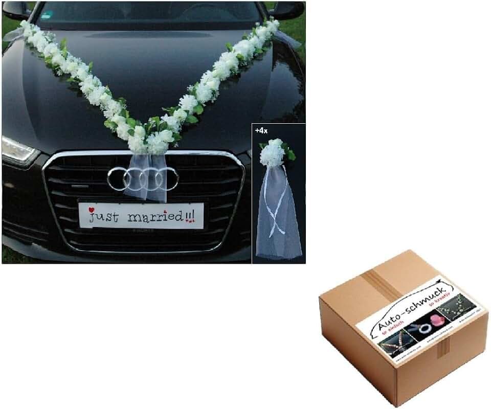 VIP Girlande 30 Azaleen 30 Rosen 18 extrastarken Saugnäpfen 2 x 180 cm Girlande 4 Türgriffdekorationen 2 Rattanherzen Braut Paar Autoschmuck Hochzeit Car Auto Wedding PKW ®Auto-schmuck (Azaleen 4)