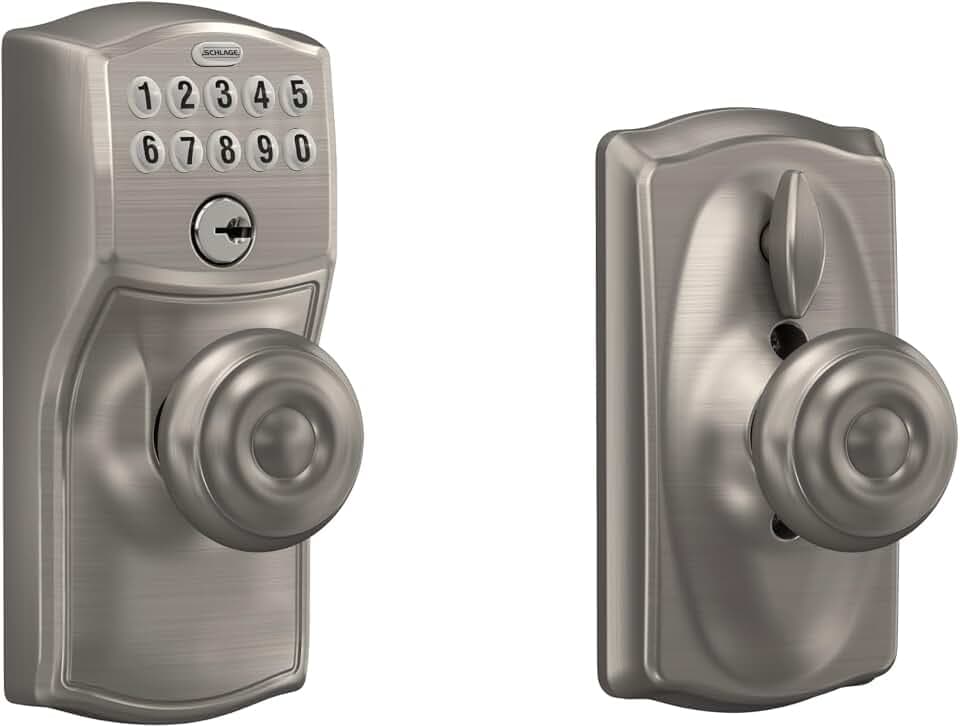 Schlage Electronic Keypad Lock with Knob, Camelot Trim, Satin Nickel