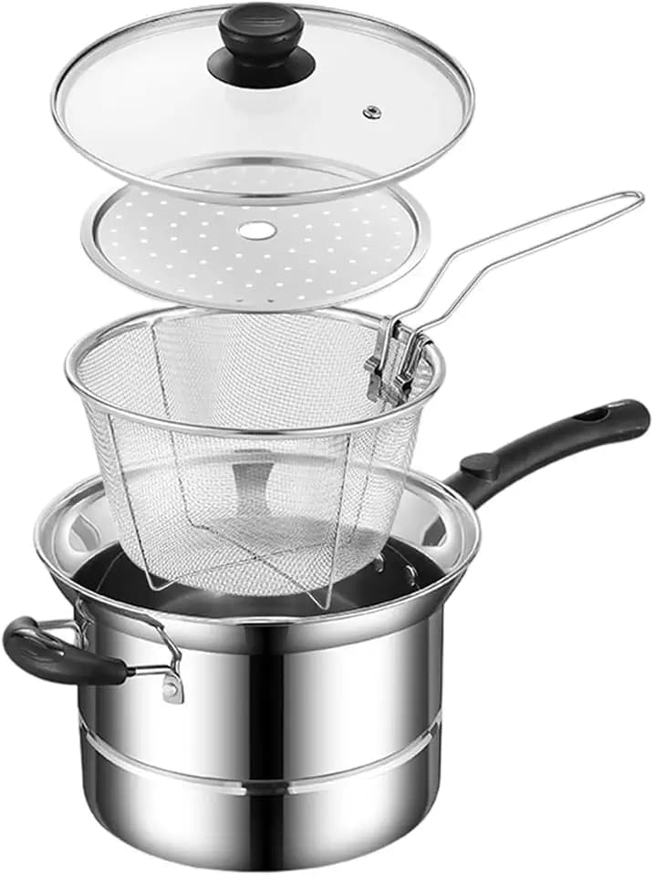 Verdickter Edelstahl-Fritteusentopf-Set mit Korb und Deckel Multifunktionaler Fritteusen- Dampfgar- und Nudelsieb-Topf (Schwerer Boden)