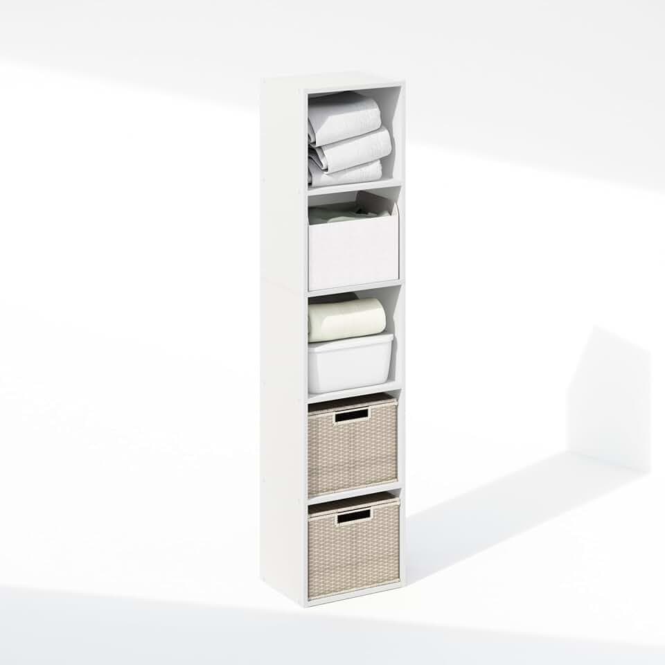 Furinno Reed Kleiderschrank-Organizer und Aufbewahrung, 5-Ebenen Kleiderschrank-Organizer, Offenes Regal Kleiderschrank-Aufbewahrung, für Kleiderschrank, Schlafzimmer, Wohnzimmer, Weiß