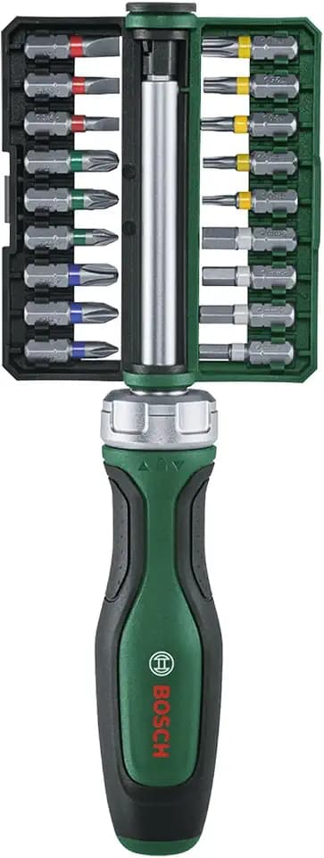 Bosch Bit-Ratschenschraubendreher Set, 19-tlg. (Ratschenschraubendreher mit hohem Drehmoment bis 36 Nm; Getriebe mit 36 Zähnen; magnetischer Bithalter; 18x Bits S2-Stahl; Softgrip; Aufbewahrungsclip)