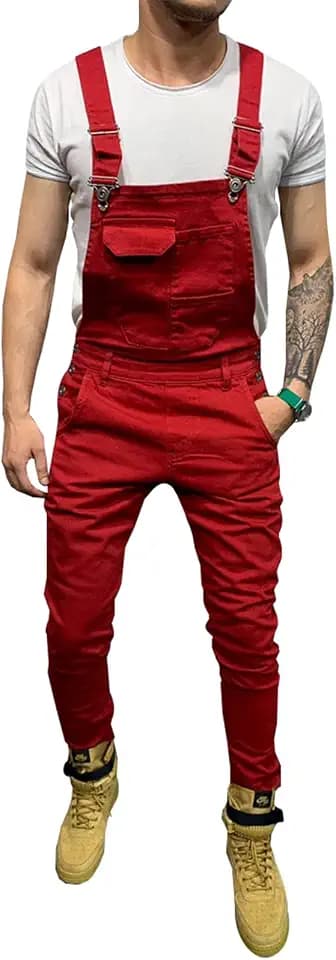 LONGBIDA Men's Denim Bib Overalls Fashion Slim Fit Jumpsuit with Pockets