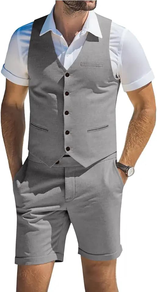 Men's Suits Linen 2 Piece Vest Short Pant Summer Beach Wedding Suit for Men