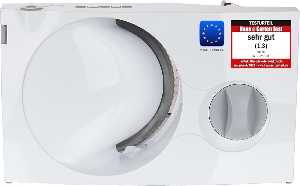EMERIO Allesschneider Brotschneidemaschine MADE IN EU mit Edelstahlmesser | einstellbar 0-17mm | platzsparend klappbar | Sicherheitsschalter | 100 W | ideal für Brot, Wurst, Käse & Gemüse | MS-125000