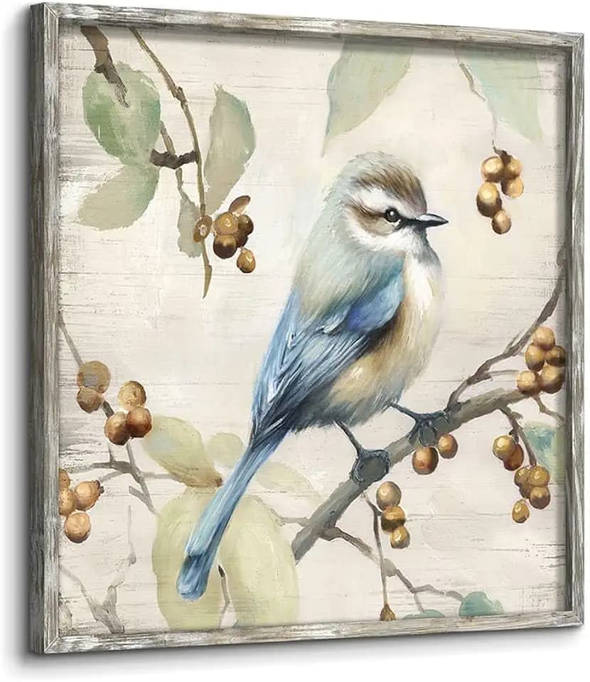Bird Floral Wooden Framed Wall Art Flower Blossom Picture 24x24 inch