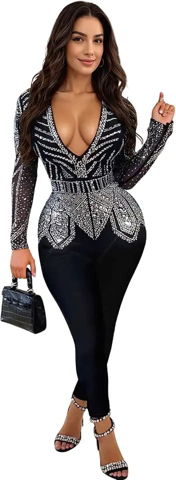 PORRCEY Sexy Rhinestone Jumpsuit for Women Mesh See Through Romper Clubwear