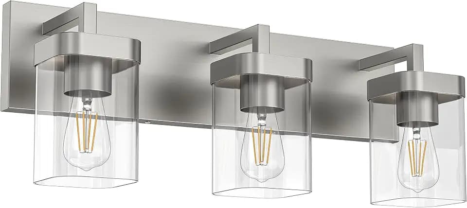 3-Light Bathroom Light Fixtures, Brushed Nickel Vanity Lights for Bathroom, Kitchen, Living Room, Modern Bathroom Vanity Lights with Clear Glass Shades