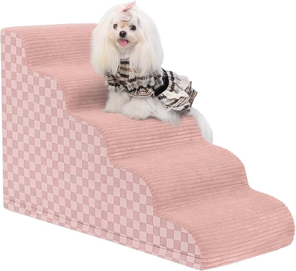 Dog Stairs Ramp for Couch Pet Stairs for Small Dogs with High Density Foam, Dog Slope Stairs with Durable Non-Slip Bottom for Puppy (Pink-Slope, 5-Step(33" Dx 15.7" W x 22" H), 5)