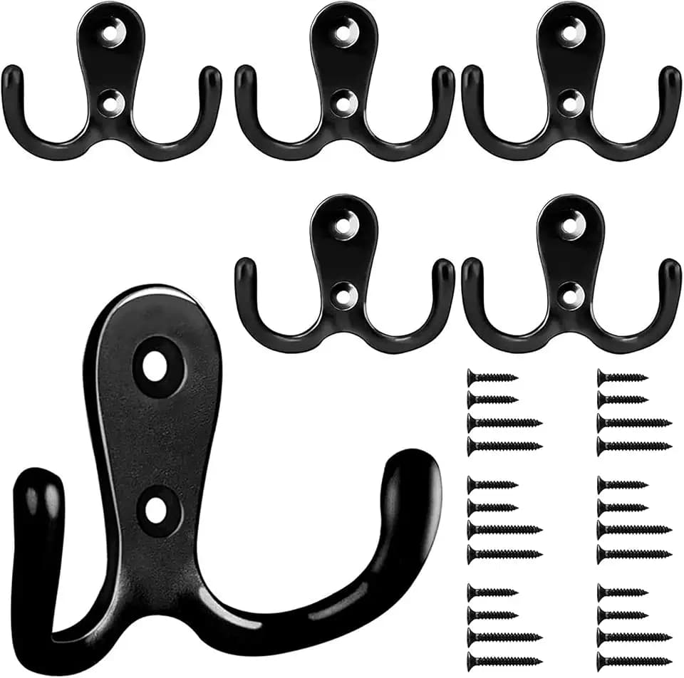 Bolatus 6 Stück Kleiderhaken, Haken Garderobe Doppelt Wandhaken Retro Haken Wand Metall Schwarz Kleiderhaken Vintage mit 24 Schrauben für Garderobenhaken Badezimmer Küche