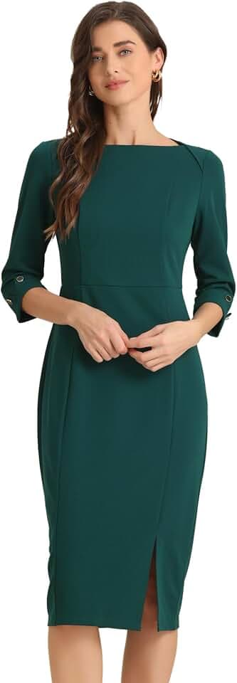 Allegra K Women's Boat Neck 3/4 Sleeves Work Business Sheath Dresses