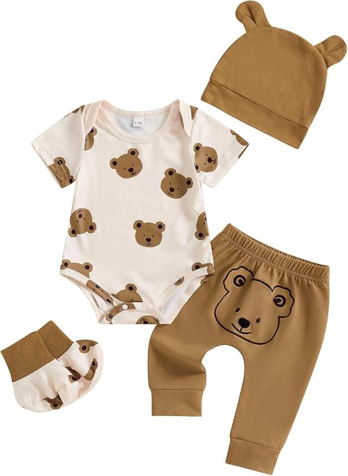 Strampler für Neugeborene, mit Bären-Aufdruck, kurze Ärmel, lange Hose, Mütze, Schuhe, 4-teiliges Set