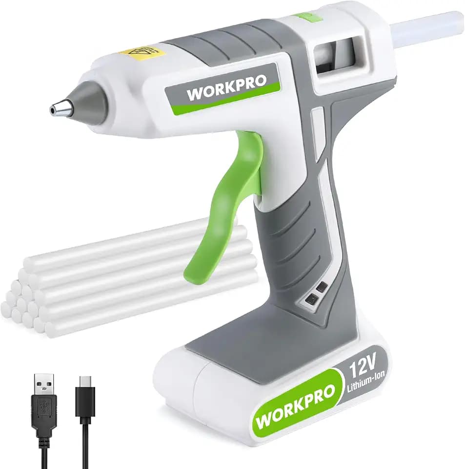 WORKPRO Heißklebepistole Akku kabellos 12V, Akku Klebepistole mit 15 Klebesticks(11 * 200 mm), Schnelles Aufheizen, USB-Aufladung, kabellose Heißklebepistole für Handwerk, Dekoration