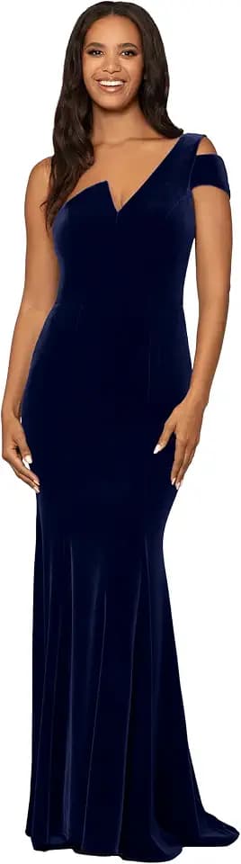 Betsy & Adam Womens Long Velvet Sleeveless One Cold Shoulder Stretch Sheath Gown