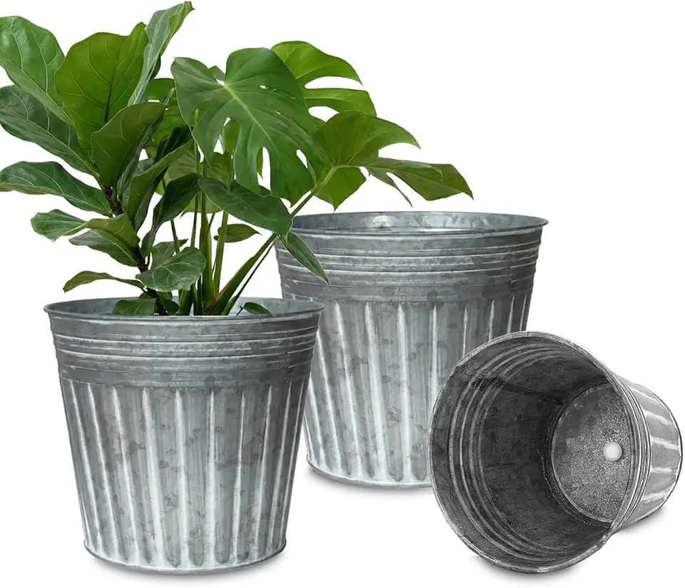 11 Inch Galvanized Planters, 3 Pack Metal Plant Pots with Drainage Hole