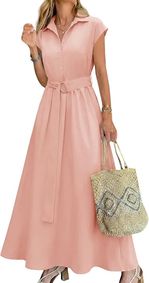 Wenrine Womens Summer Shirt Dress Button Short Sleeve Flowy Maxi Dresses