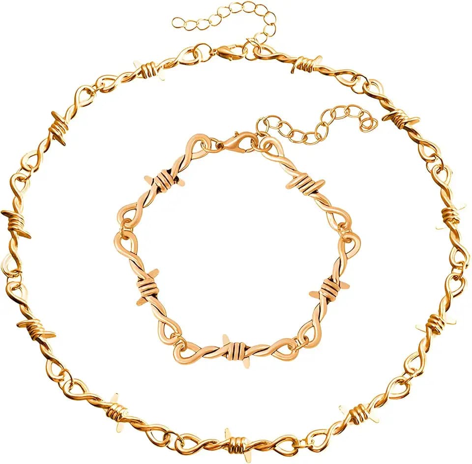 Dreuyet Gothic Barbed Wire Thorns Necklace Bracelet Sets for Women Men Unisex Punk Thorns Jewelry Set Hip Hop Rock Necklace Brambles Bracelet Adjustable Jewelry