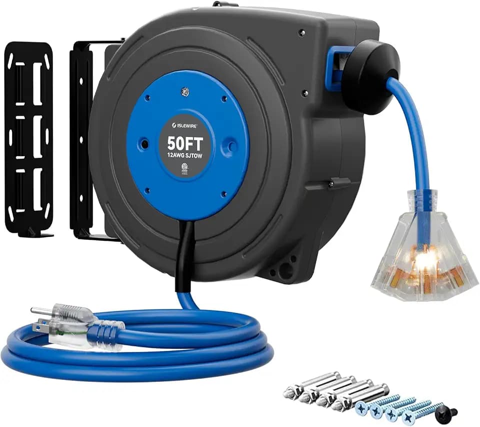 50 FT Retractable Extension Cord Reel, Heavy Duty 12AWG/3C SJTOW Power Cord, Lighted Triple Tap, 15A Circuit Breaker, Wall/Ceiling Mount Electric Cord Reel for Garage & Workshop, ETL Listed, Blue