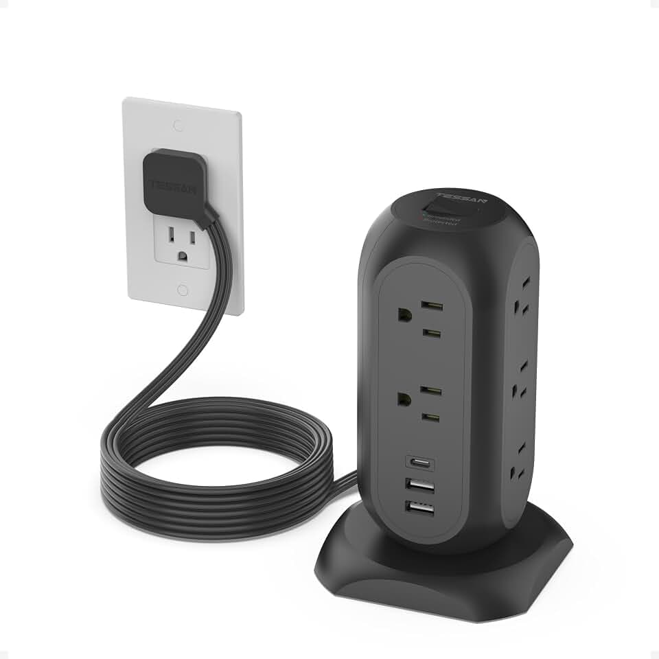 TESSAN Tower Power Strip Flat Plug with 1050J Protection, 10 Ft, Black