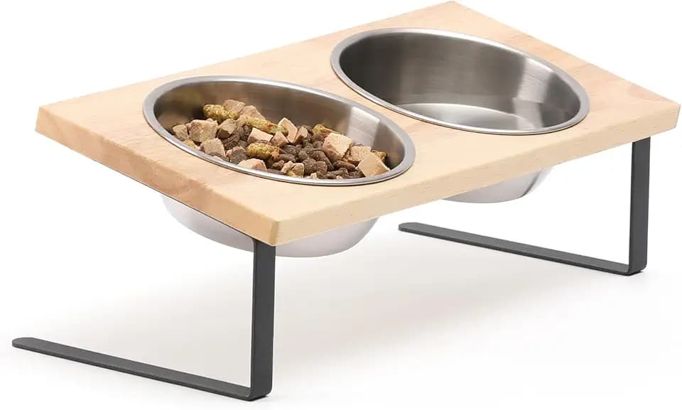 FUKUAMRU Katzennapf Erhöht, Rutschfester Fressnapf aus Edelstahl in Lebensmittelqualität & Gummiholz, 15° Neigung Futterstation für Katzen und Hunde, Napfset