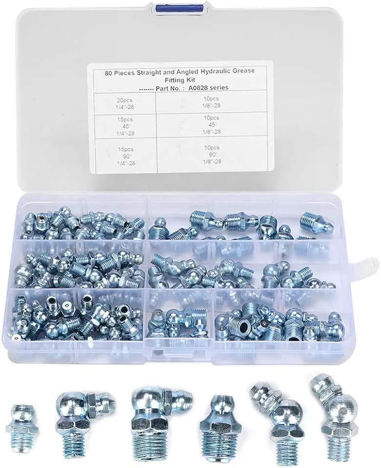 80 Stück Schmiernippel Sortiments Set, 1/8 1/4 Zoll 45° 90° Gerader Abschmiernippel, Sechskantkopf Verzinkt Kegelschmiernippel Fettnippel Vernickeltes Eisen Abgewinkelt Kegelnippel für Schmierpressen