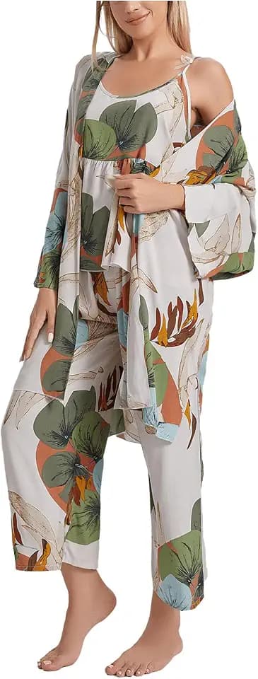 WDIRARA Women's 3 pcs Sleepwear Leaf Print Cami and Pants Pajama Set with Robe