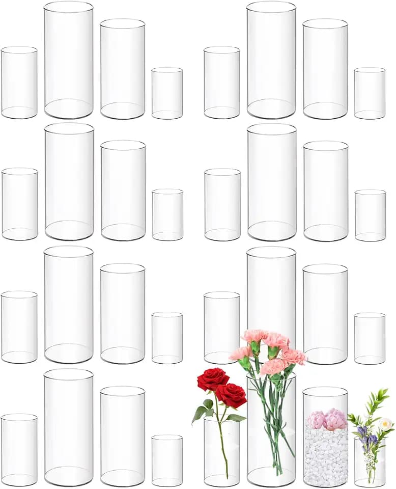 32 Pack Plastic Vases, 4 6 8 10 Inch Tall Acrylic Cylinder Vase Bulk Hurricane Candle Holder Large Clear Cylinder Plastic Vases for Centerpiece Flowers Wedding Party Home Office
