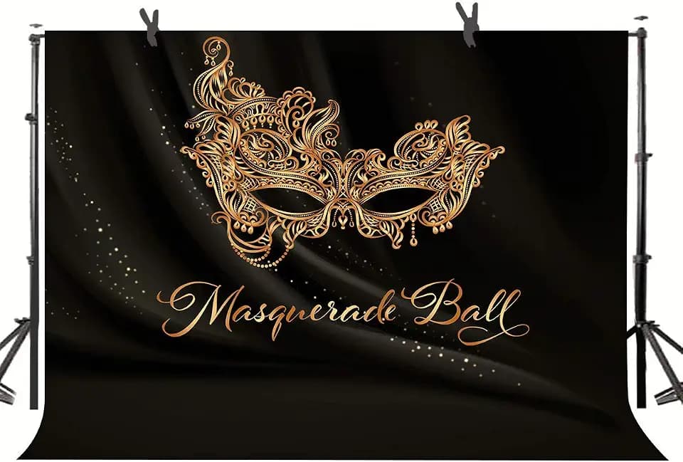 Golden Mask Backdrop 9x6ft Shining Retro Golden Mask Masquerade Ball Black Photography Background Mardi Gras Masquerade Carnival Party Banner LYST1097