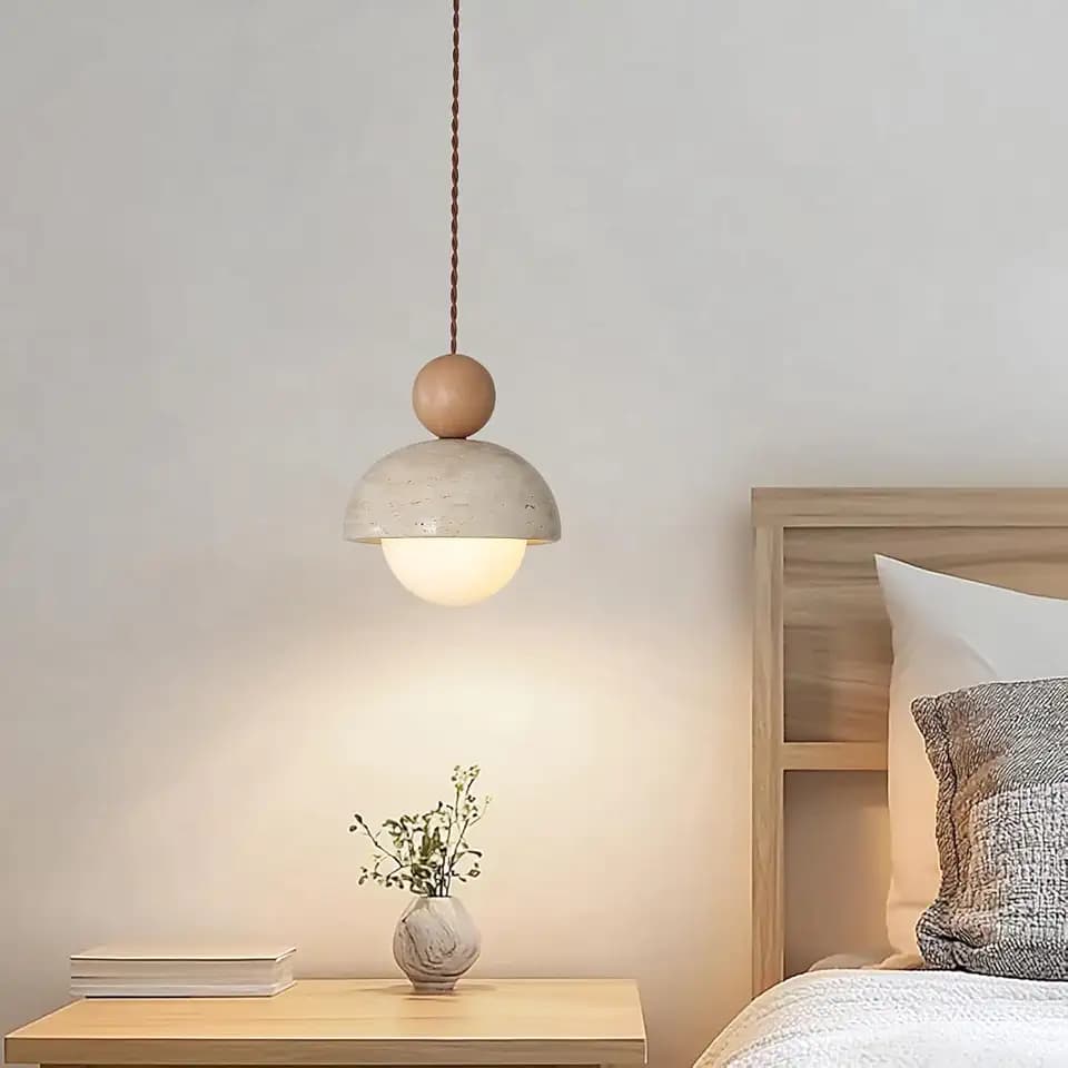7.1inch Wabi Sabi Natural Stone Pendant Light Travertine & Wood Hanging Light Round Nordic Mini Pendant Lamp G9 for Kitchen Island teahouse Dining Room Bedroom
