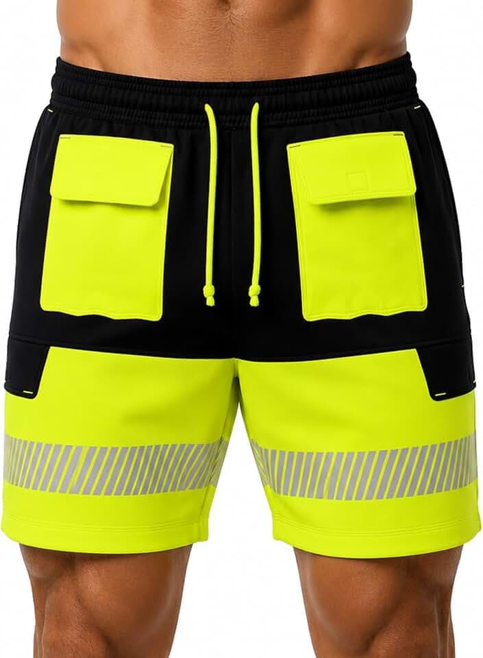 Herren-Cargo-Shorts mit 8 Taschen, reflektierend, hohe Sichtbarkeit, hohe Sichtbarkeit, Arbeitskleidung, Shorts, Kordelzug, mehrere Taschen, verstellbarer elastischer Bund