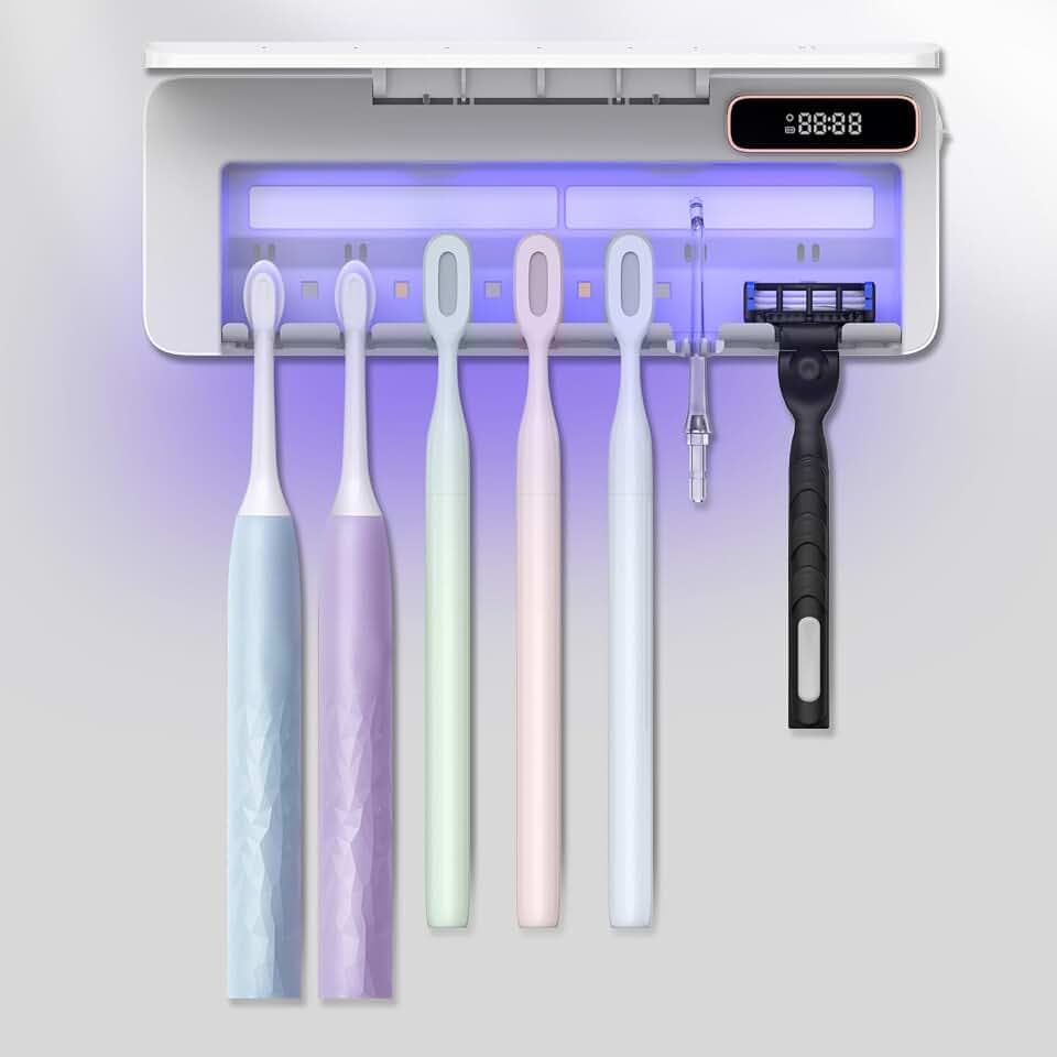 UV Toothbrush Cleaner Holder, Temracha Toothbrush Holders for Bathrooms, 5+1+1 Slots Tooth Brush Shaver Cleaner and Holder, Rechargeable Cordless Wall Mounted with Heating Functions, No Drilling