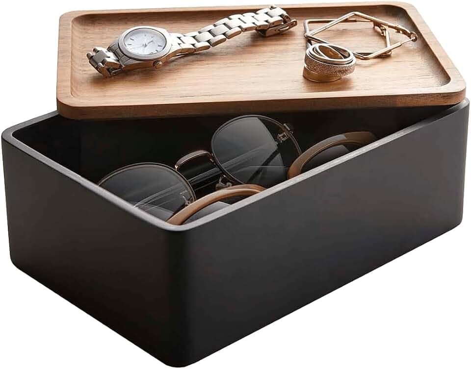 YAMAZAKI 5166 RIN Accessory Storage Box, black, Polystone/Wood, 18.5 x 12.5 x 7 cm