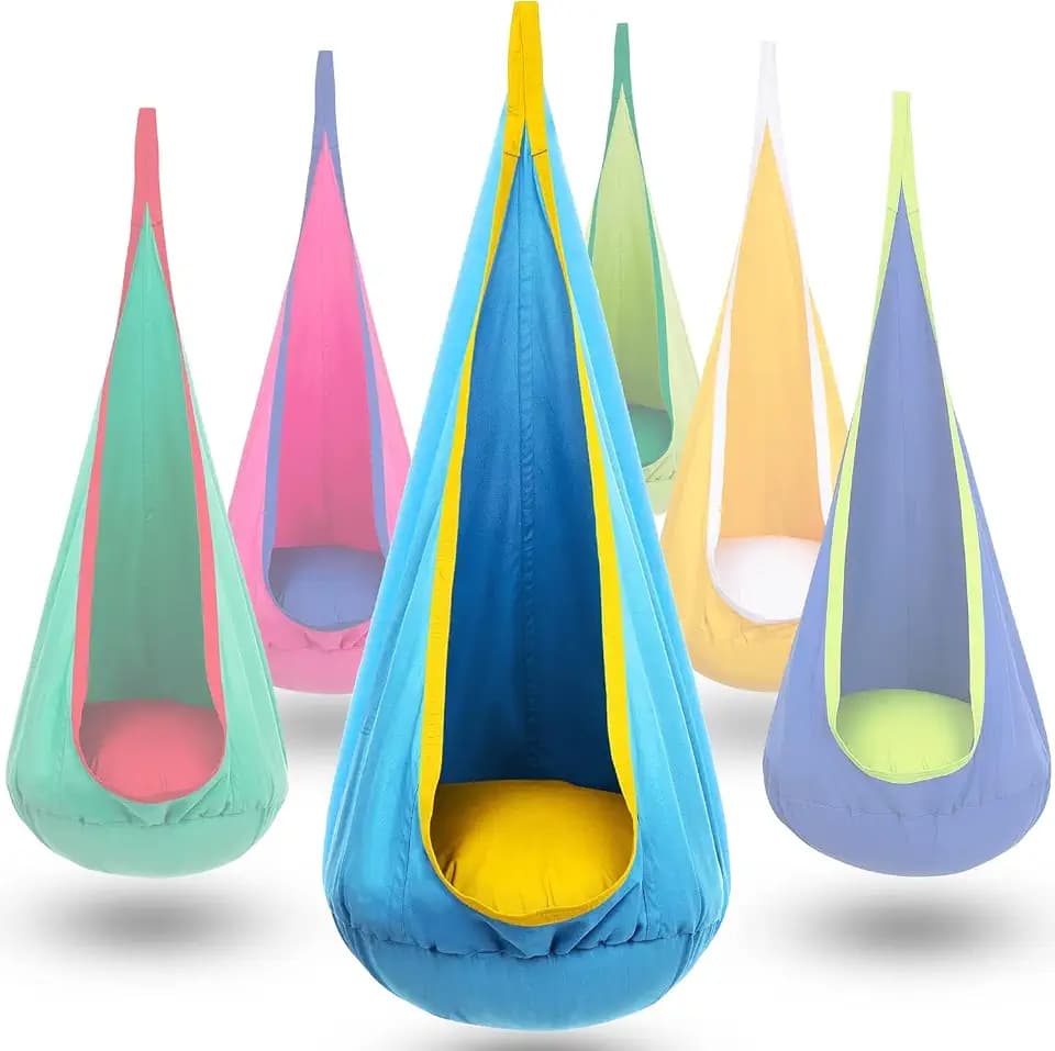 Y-STOP Kids Pod Swing Seat, Hanging Hammock Chair with Inflatable Pillow, Sensory Swing Chair with Pocket for Indoor and Outdoor (Blue Yellow)
