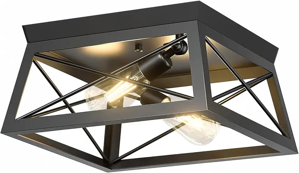 Pynsseu Industrial Ceiling Light, 2 Lights Farmhouse Semi Flush Mount Ceiling Fixture for Kitchen Island Dining Room Bedroom Foyer Hallway, 1 Pack, Black