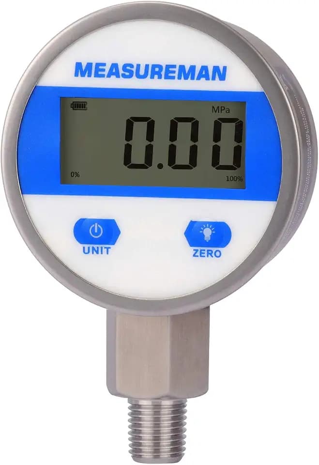 MEASUREMAN 2-1/2" dial, Digital Industrial Pressure Gauge with 1/4" NPT Lower Mount, Stainless Steel case and Connection, 0-100psi/bar, 1%,Battery Powered, with LED Light