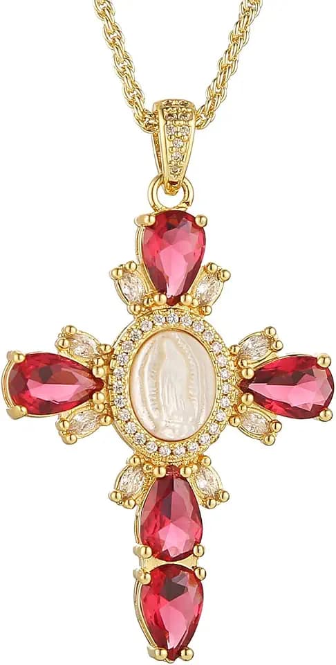 HZMAN Dainty Brass Religious Faith Virgin Mary Cross Necklace for Women