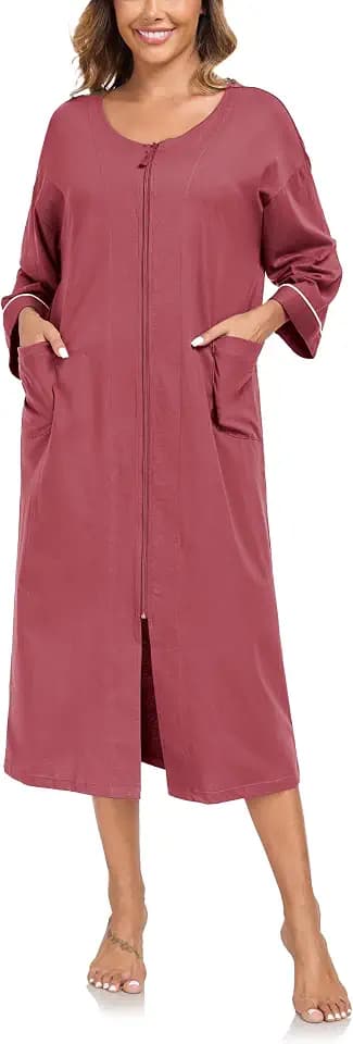 Damen Bademantel 100% Baumwolle Bademantel Damen mit Reißverschluss Hausmantel mit Taschen 3/4 Ärmel