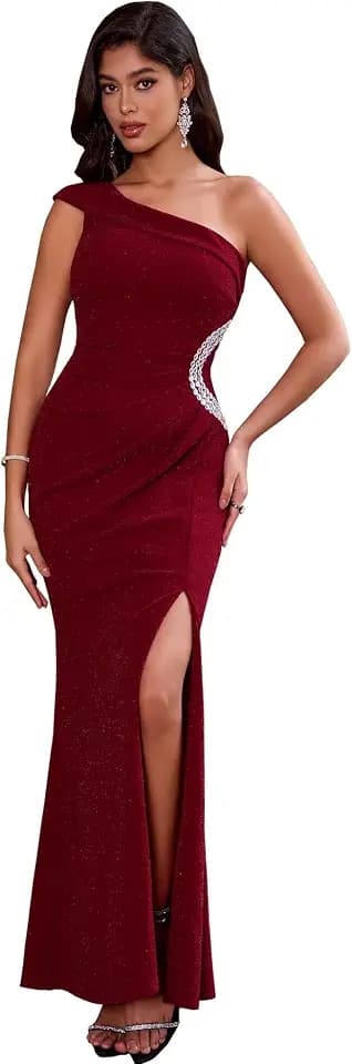 Angel-fashions Abendkleid für Damen, einschultrig, Rüschen, Perlenband, zart